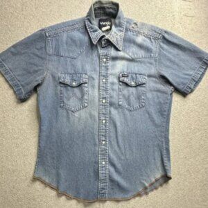 Vintage Wrangler Shirt Mens Large Blue Denim Pearl Snap Western Short Sleeve 90s